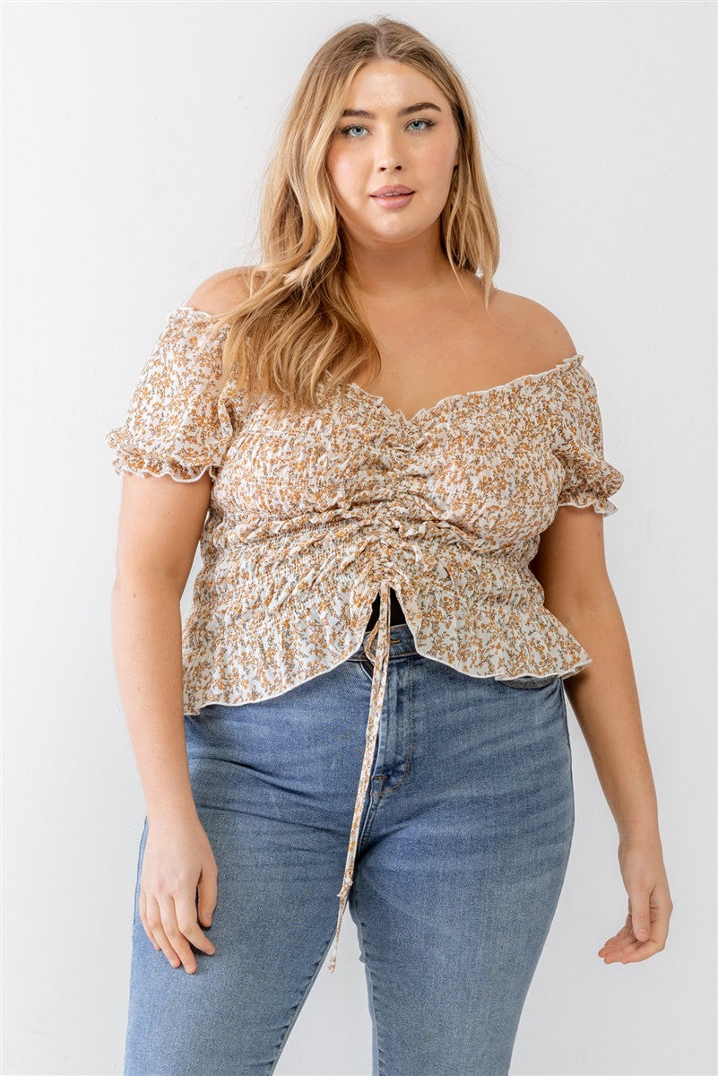 Plus Floral Chiffon Ruched Smocked Off-The-Shoulder Top