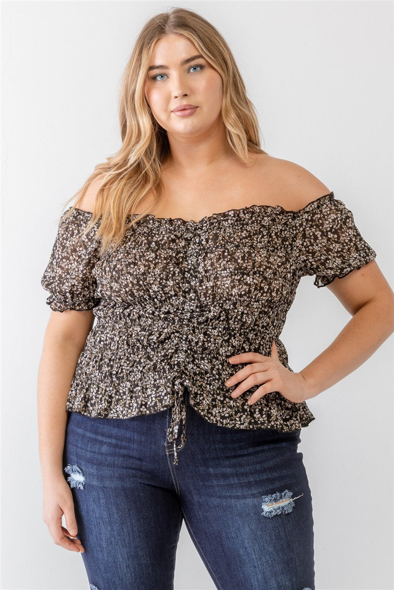 Plus Floral Chiffon Ruched Smocked Off-The-Shoulder Top