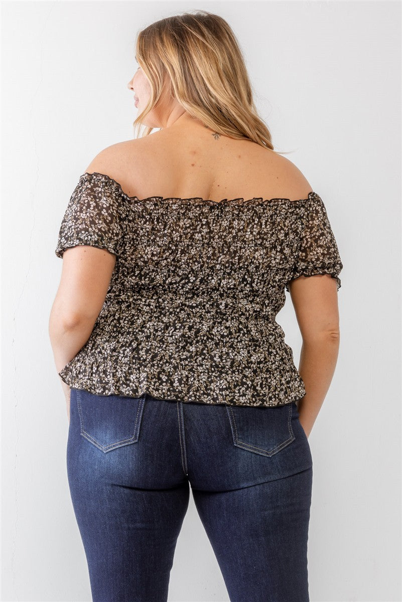 Plus Floral Chiffon Ruched Smocked Off-The-Shoulder Top