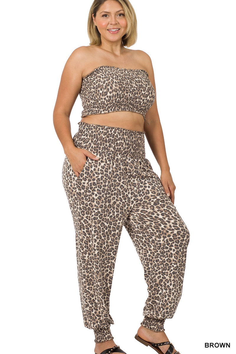 Plus Leopard High-waisted Smocked Lounge Set