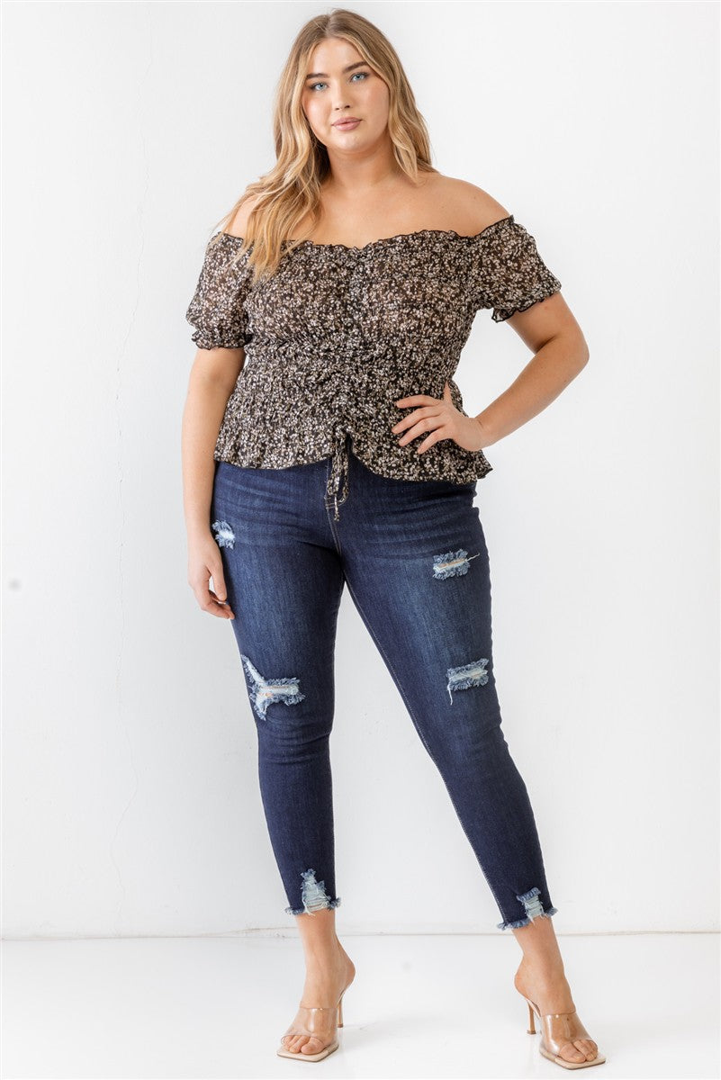 Plus Floral Chiffon Ruched Smocked Off-The-Shoulder Top