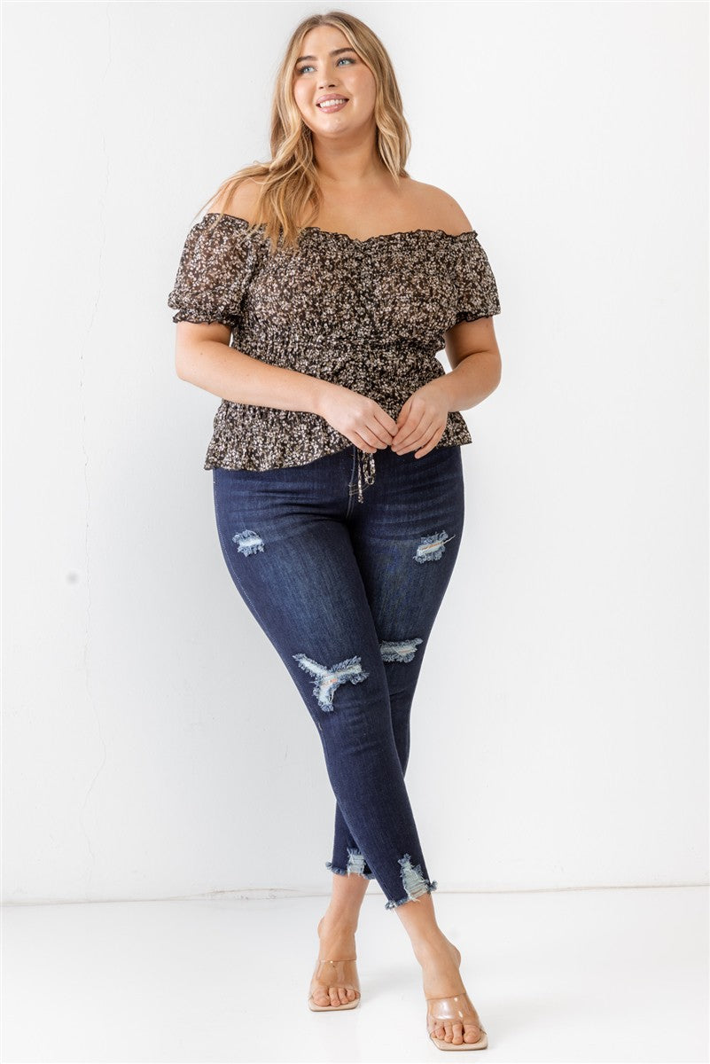 Plus Floral Chiffon Ruched Smocked Off-The-Shoulder Top