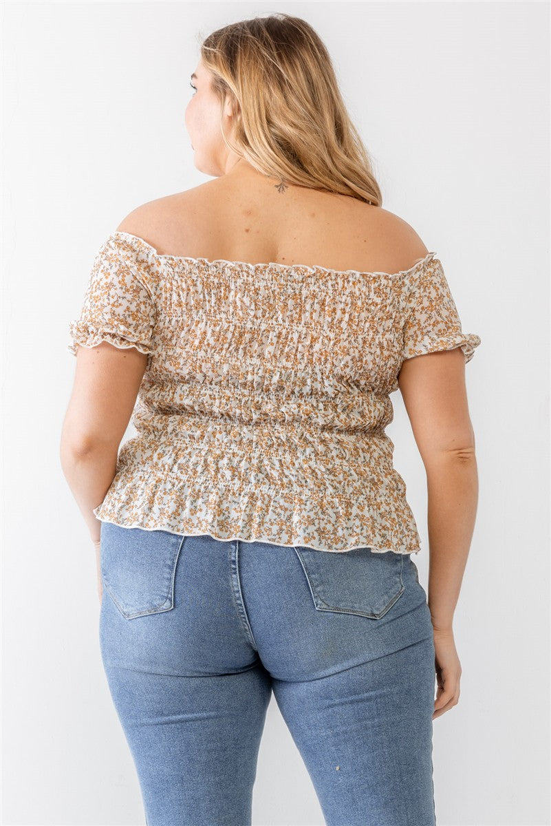 Plus Floral Chiffon Ruched Smocked Off-The-Shoulder Top