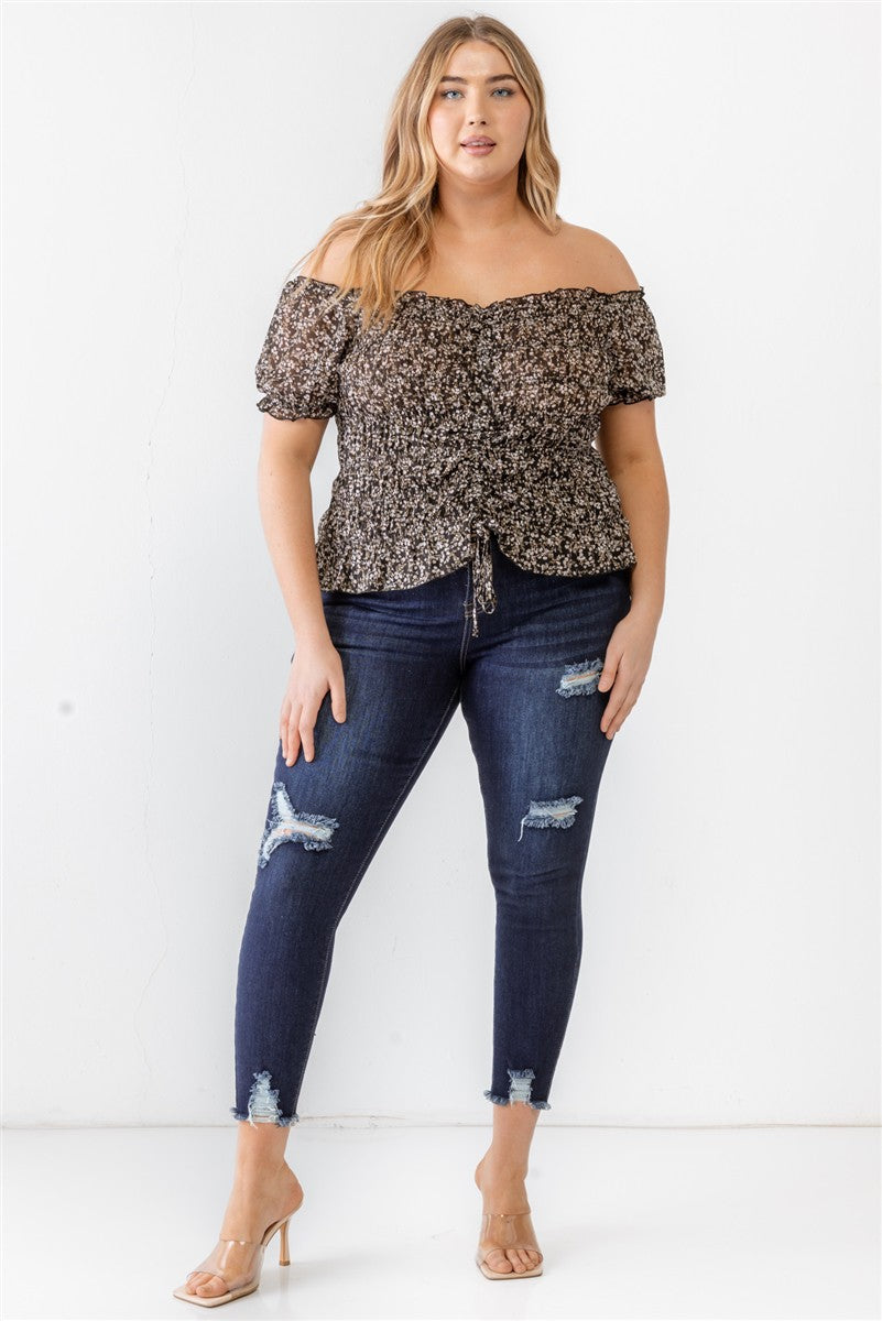 Plus Floral Chiffon Ruched Smocked Off-The-Shoulder Top